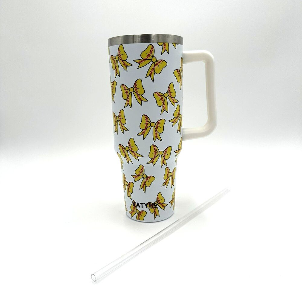 KATYDID Softball Ribbon Bow 40 oz Tumbler with 12" Straw NO LID